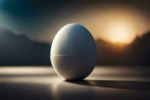 an egg sitting on a table with a sunset in the background. AI-Generated photo