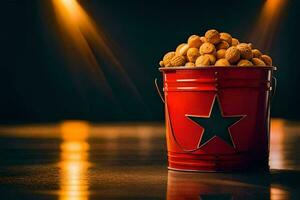 a red bucket filled with peanuts and a star. AI-Generated photo