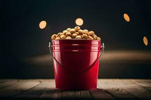 a bucket filled with peanuts on a wooden table. AI-Generated photo