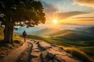 un hombre camina en un camino en el montañas. generado por ai foto