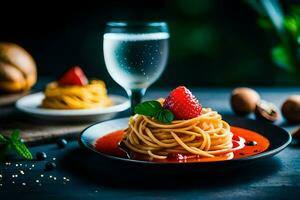 spaghetti with tomato sauce and strawberries on a plate. AI-Generated photo