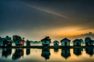 sunset over a lake with several small houses. AI-Generated photo