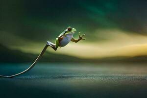 a frog jumping on a long string. AI-Generated photo