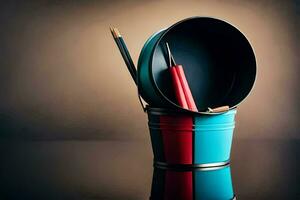 a red and blue paint bucket with a red and blue paintbrush. AI-Generated photo