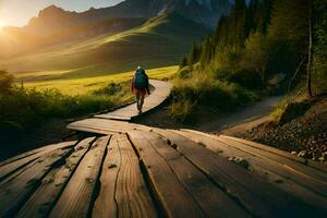 a person walking on a wooden path in the mountains. AI-Generated photo
