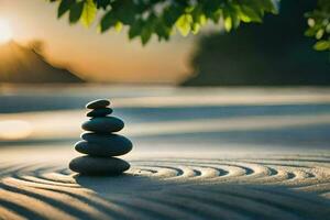 un apilar de rocas en el playa con el Dom ajuste detrás él. generado por ai foto