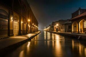 un canal a noche con edificios y luces en. generado por ai foto