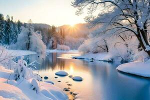 winter landscape with the sun shining over a river. AI-Generated photo
