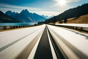 un coche conducción en un autopista con nieve en el suelo. generado por ai foto