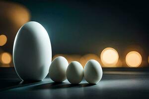 Tres blanco huevos son sentado en un mesa. generado por ai foto