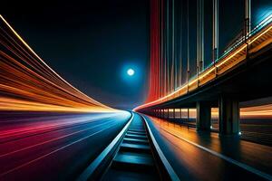 un largo exposición fotografía de un puente a noche. generado por ai foto