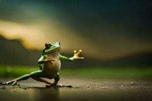 a frog standing on its hind legs with its arms outstretched. AI-Generated photo