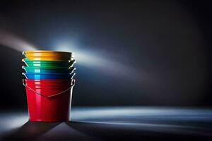 a stack of colorful buckets on a dark background. AI-Generated photo