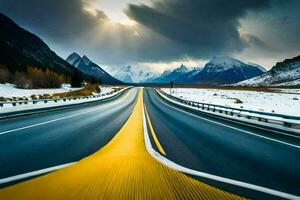 un la carretera con un amarillo línea en el medio de él. generado por ai foto