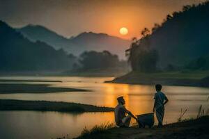 dos personas sentado en el banco de un río a puesta de sol. generado por ai foto