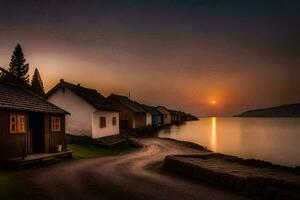un casa en el apuntalar de un lago a puesta de sol. generado por ai foto