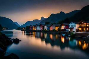 colorful houses line the shore of a river at dusk. AI-Generated photo