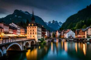 el pueblo de Hallstatt en el Alpes a noche. generado por ai foto