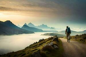 a person walking on a road in the mountains. AI-Generated photo