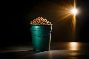 a bucket filled with nuts on a dark table. AI-Generated photo