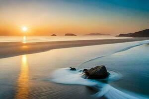 the sun sets over a beach with waves and rocks. AI-Generated photo