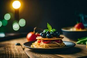 food on a plate with a candle in the background. AI-Generated photo