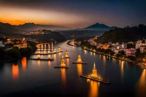 un río a noche con barcos y montañas en el antecedentes. generado por ai foto