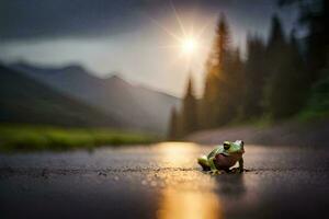 a frog sits on the road in front of a mountain. AI-Generated photo