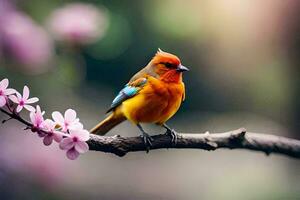 un vistoso pájaro se sienta en un rama con rosado flores generado por ai foto