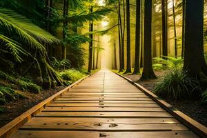 a wooden path in the forest with sunlight shining through. AI-Generated photo