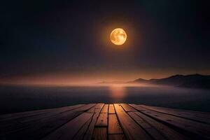 a wooden deck overlooking the ocean and a full moon. AI-Generated photo
