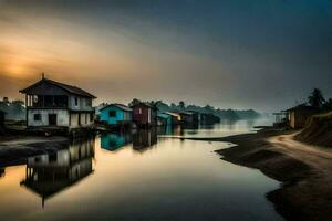 houses on the river at sunrise. AI-Generated photo