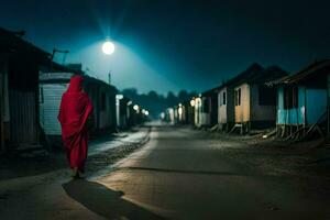 un mujer en un rojo túnica camina abajo un calle a noche. generado por ai foto