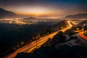 un largo exposición foto de un la carretera en el montañas a noche. generado por ai