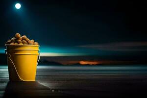 a bucket of nuts on a dock at night. AI-Generated photo