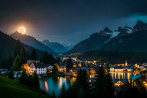 el Luna es ajuste terminado un montaña aldea. generado por ai foto