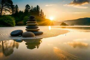 un apilar de piedras en el apuntalar de un lago a puesta de sol. generado por ai foto