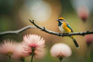 a bird sits on a branch with pink flowers. AI-Generated photo
