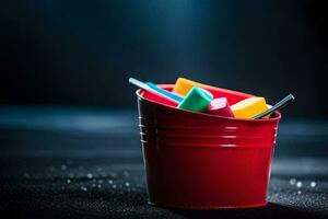 a red bucket with a bunch of colored pencils. AI-Generated photo