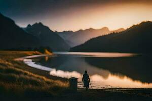 un persona caminando a lo largo el apuntalar de un lago a puesta de sol. generado por ai foto