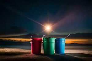 Tres vistoso tazas sentar en el arena a noche. generado por ai foto