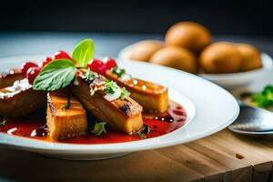 un plato de comida con tofu y salsa. generado por ai foto