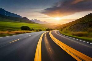 un la carretera con un puesta de sol en el antecedentes. generado por ai foto