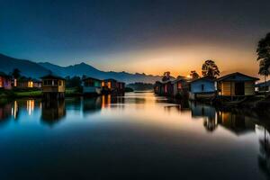 the houseboats are on the water at sunset. AI-Generated photo