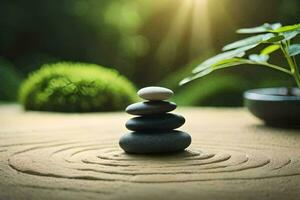 a stack of stones on a wooden table. AI-Generated photo