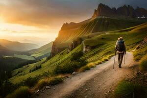 a hiker walks along a path in the mountains. AI-Generated photo