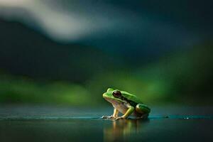 a frog sitting on the edge of a lake. AI-Generated photo