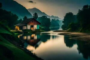 a small house sits on the side of a river. AI-Generated photo