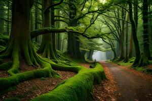 a path through a green forest with mossy trees. AI-Generated photo