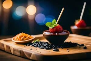chocolate dessert with strawberries and mint on a wooden tray. AI-Generated photo
